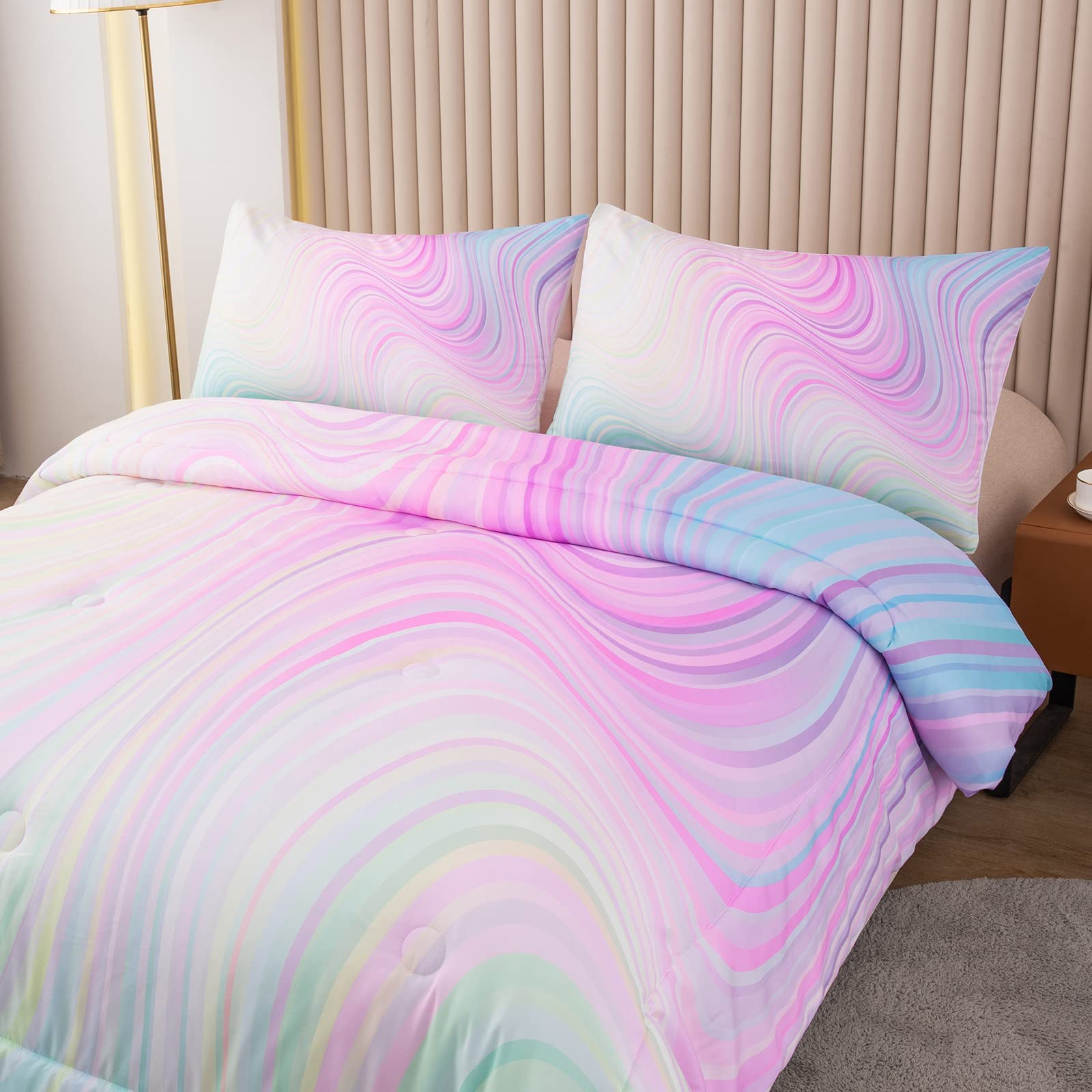 Bodhi Girls Full Size Comforter Set - Colorful Tie Dye Pink Blue Purple Watercolor Pastel Bedding for Teen Girls | Soft & Cozy Duvet Cover for Bedroom Decor, Dorm Room Essentials