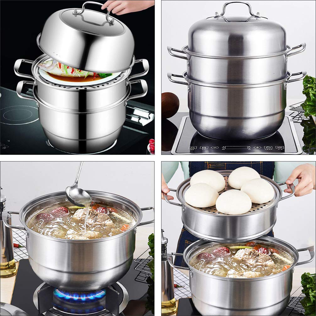 **Hemoton 1-Piece Stainless Steel Steamer Pot – 3-Layer Thickened Design for Cooking, Steaming & Soup Making | Durable & Practical Kitchen Cookware for Healthy Meals**    *(Use Cases: Perfect for steaming vegetables, fish, dumplings, or making soups, broths, and baby food. Ideal for home kitchens, restaurants, and meal prep.)*