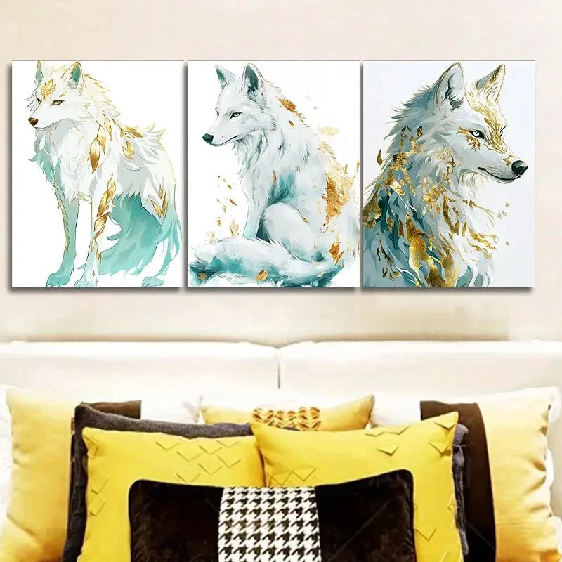 3-Piece Graceful White Wolf Art Painting - Metal Print Wall Decor Ready to Hang - Perfect for Living Room, Bedroom & Office Decor
