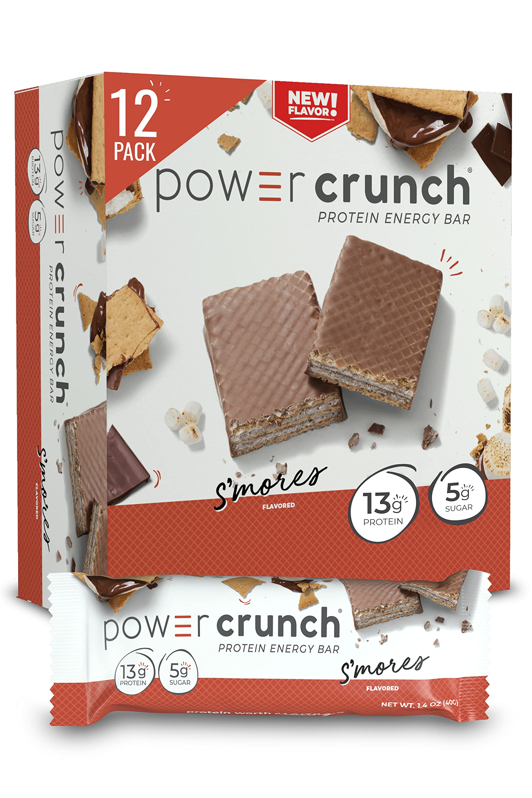 Power Crunch Protein Wafer Bars - High Protein Snack with Delicious S'Mores Flavor, 1.4oz (12 Count) - Perfect for Post-Workout Recovery, Healthy On-The-Go Snacking & Weight Management