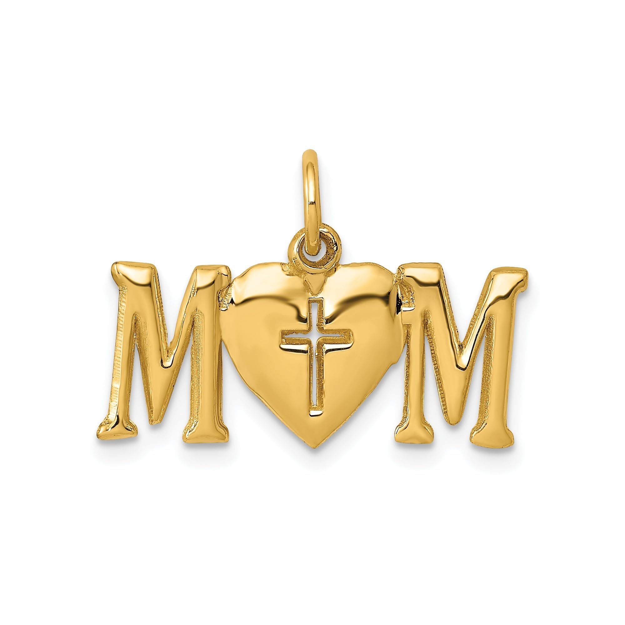14K Yellow Gold Mom Word Charm with Cross on Heart Pendant - Elegant Women's Jewelry Necklace, Polished Finish, Solid Construction, 22mm Wide - Meaningful Mother's Day Gift for Birthday, Anniversary & Special Occasions