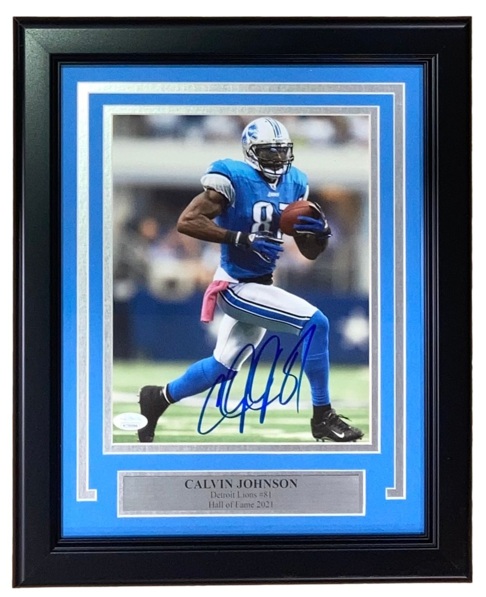 Calvin Johnson Autographed Framed 8x10 Detroit Lions Photo with JSA Certificate - Perfect for Sports Memorabilia Collectors and Lions Fans Home Decor