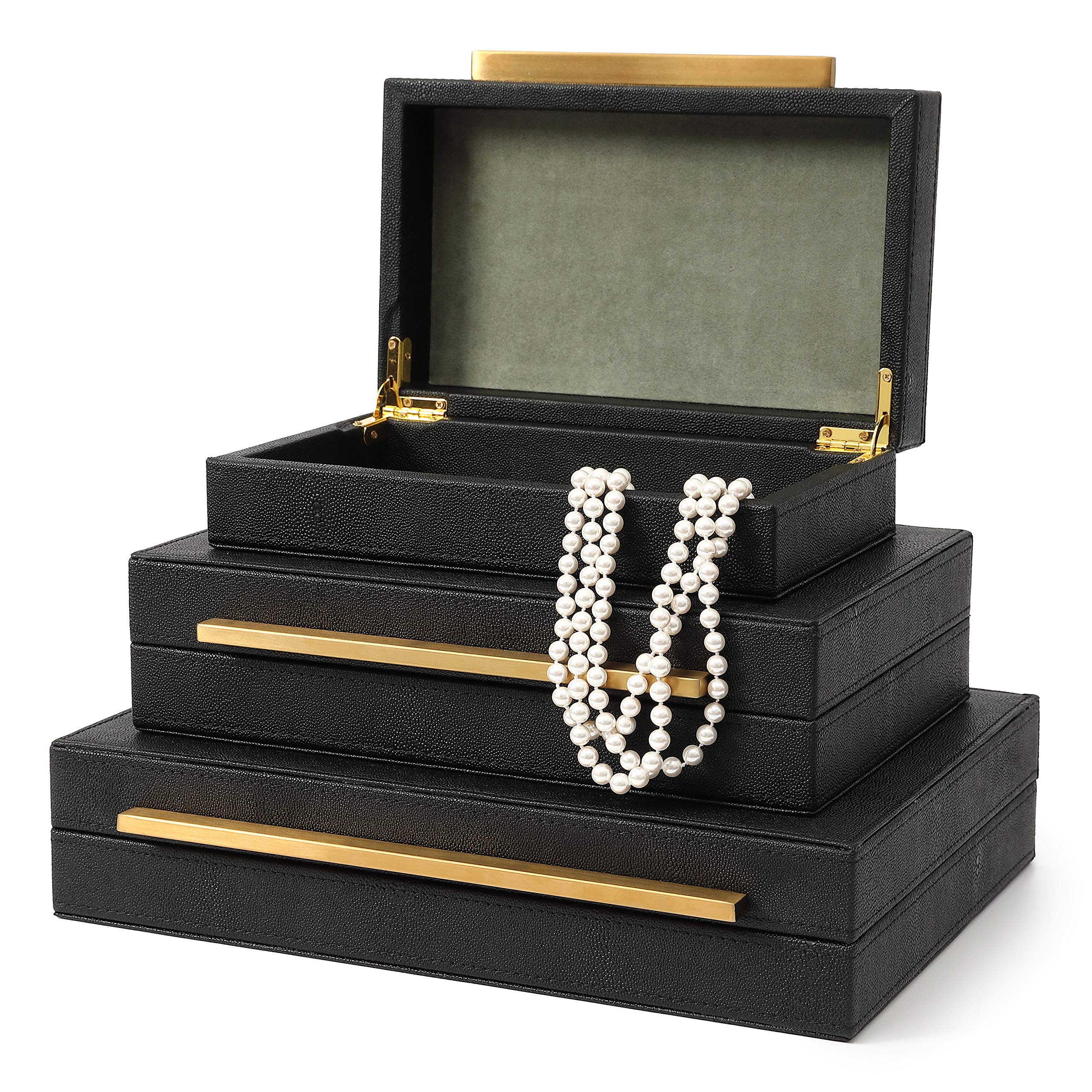 Kingflux Faux Black Shagreen Leather Decorative Storage Box Set - 3 Piece Jewelry & Accessory Organizer for Men & Women - Perfect for Dresser, Vanity, Nightstand & Home Decor (Black)