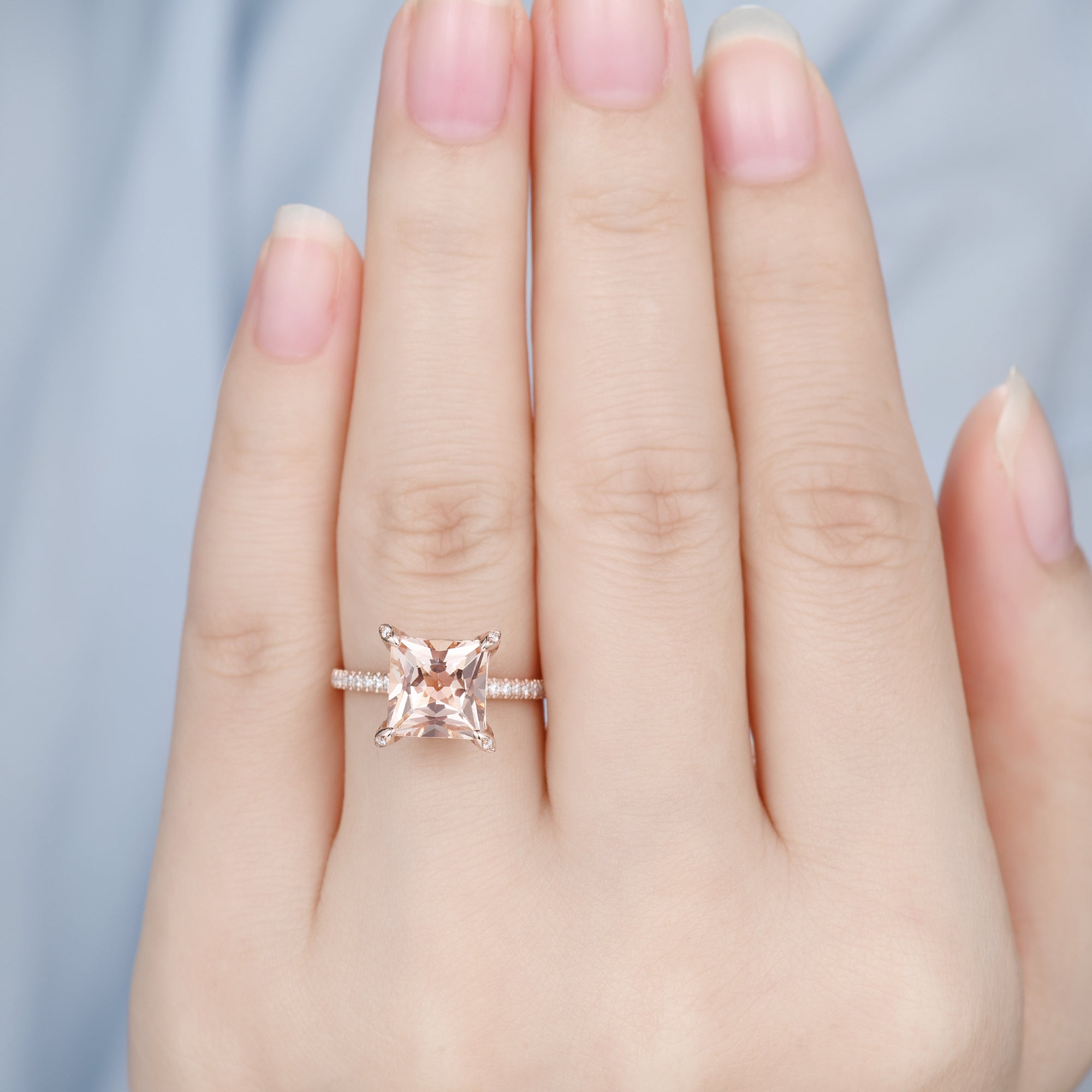Unique Hidden Halo Princess Cut Morganite Diamond Engagement Ring in Rose Gold Basket Setting - Perfect for Proposals, Anniversaries & Romantic Occasions