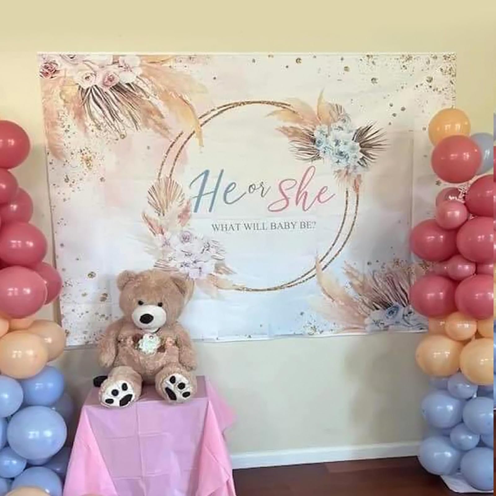7x5ft Mocsicka Boho Gender Reveal Backdrop - Blue & Pink Vinyl Party Decor for Baby Shower, Gender Reveal Party, Nursery Decor - Boy or Girl Celebration Background