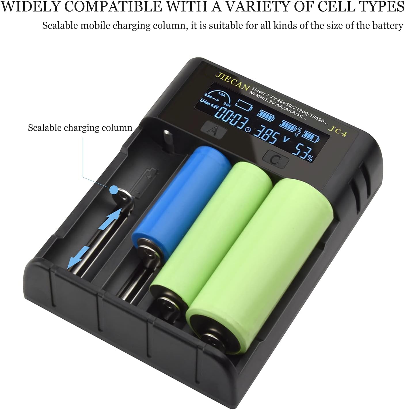 JIECAN 4 Bay AA AAA Battery Charger - Universal LCD Smart Fast Charger for Ni-MH Ni-CD Rechargeable Batteries | USB High-Speed Charging with Independent Slots | Perfect for Home, Office & Travel Use