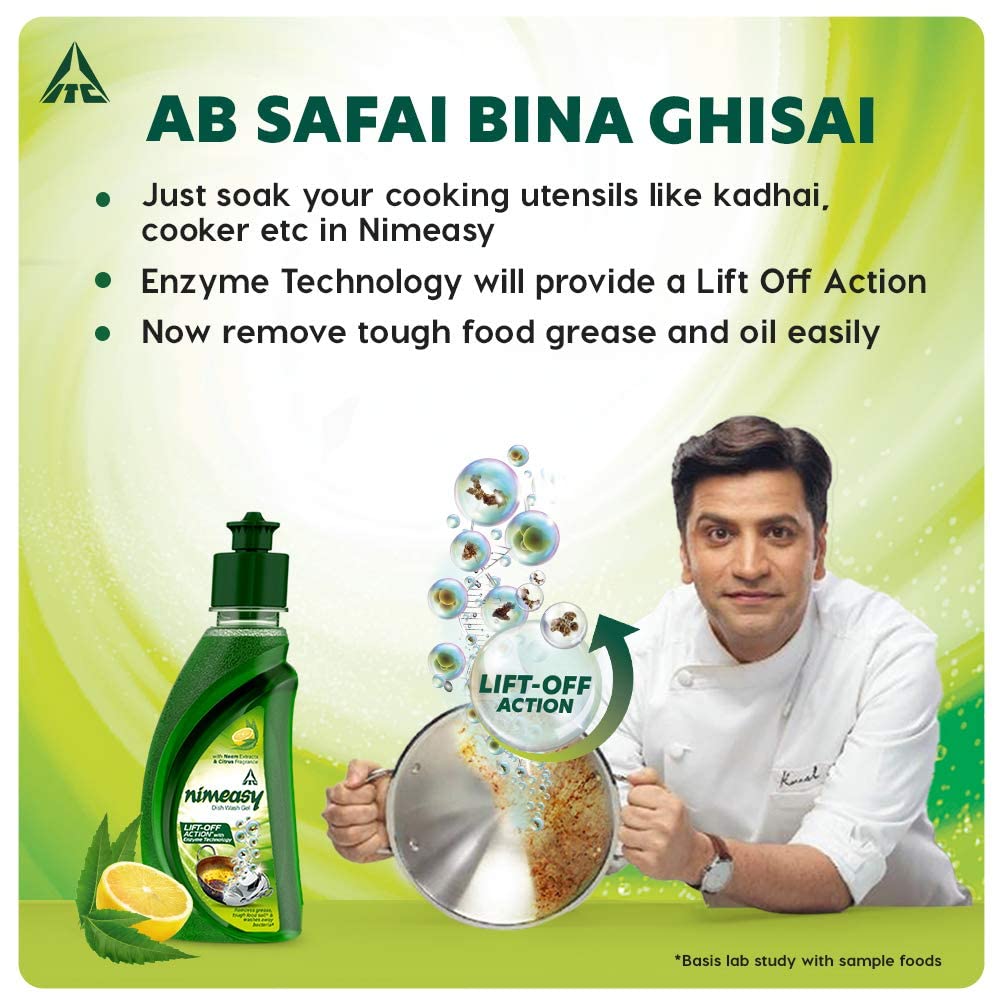 ITC Nimeasy Dishwashing Liquid Gel - Powerful Kitchen Cleaner with Enzyme Technology, Removes Grease & Oil Stains - Lemon Citrus Scented Utensil Cleaner (500ml) - Ideal for Daily Dishwashing, Pots & Pans Cleaning, and Kitchen Surface Sanitizing