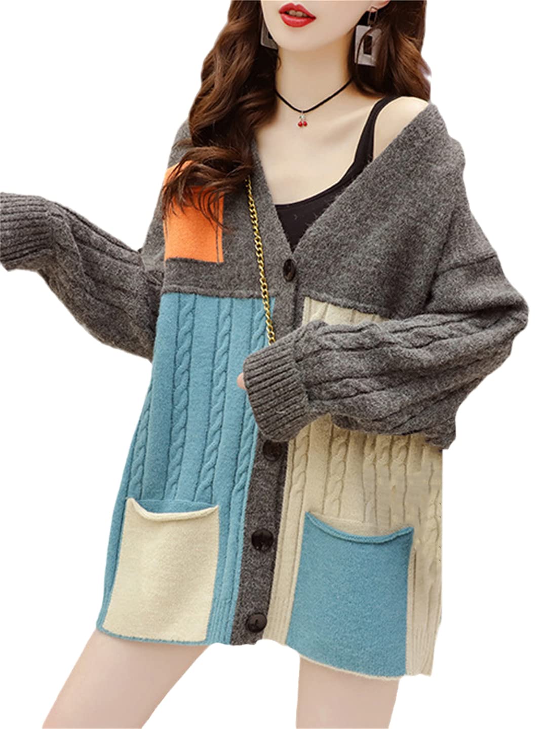 Women's Contrast Knit Cardigan with Pockets - Korean Style Loose Long Sleeve Sweater Jacket for Fall Winter | Cozy Outerwear Coat for Casual Wear, Office & Date Nights