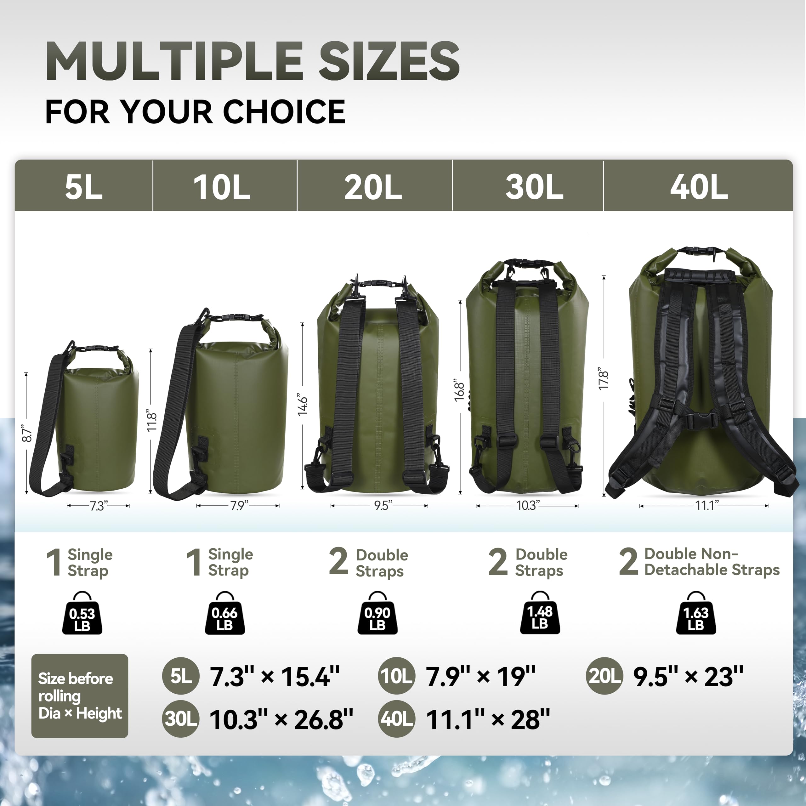 **Waterproof Dry Bag Backpack 5L/10L/20L/30L/40L - Floating Roll Top Sack for Kayaking, Rafting, Boating, Swimming, Camping, Hiking, Beach & Fishing - Keep Gear Dry in Any Water Adventure**    (Note: 