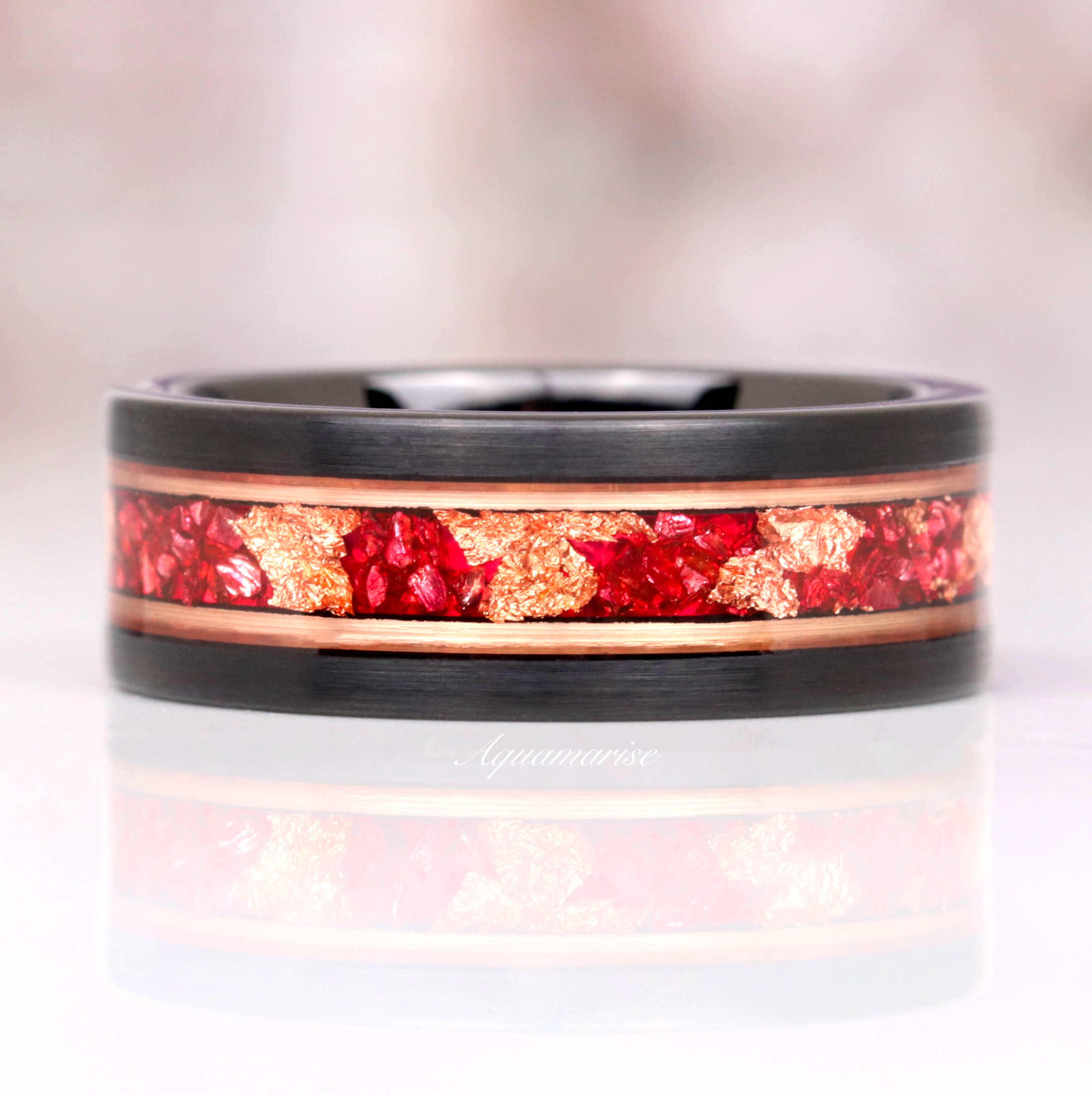 Rose Gold Leaf & Ruby Wedding Band - 8MM Black Tungsten Ring for Women - Elegant Bridal Jewelry for Engagement, Anniversary & Special Occasions