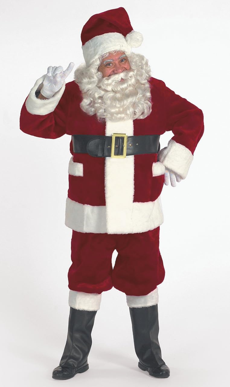 Halco Burgundy Deluxe Plush Santa Suit Costume Set with Jacket, Pants, Hat, Belt & Accessories | Premium Zippered Coat with Outside Pockets & Satin Pants | Perfect for Christmas Parties, Holiday Events & Festive Photo Shoots