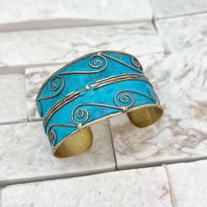 Vintage White Leaves Patina Cuff Bracelet - Boho Chic Handmade Jewelry for Women - Perfect for Casual Wear, Date Nights & Festival Outfits
