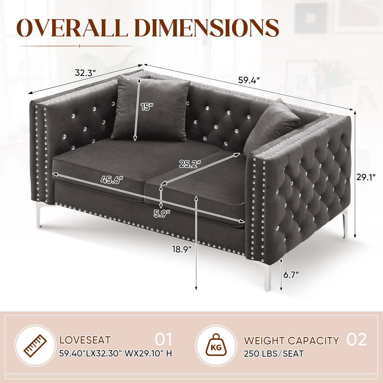 Luxury Velvet Loveseat Sofa 59.4