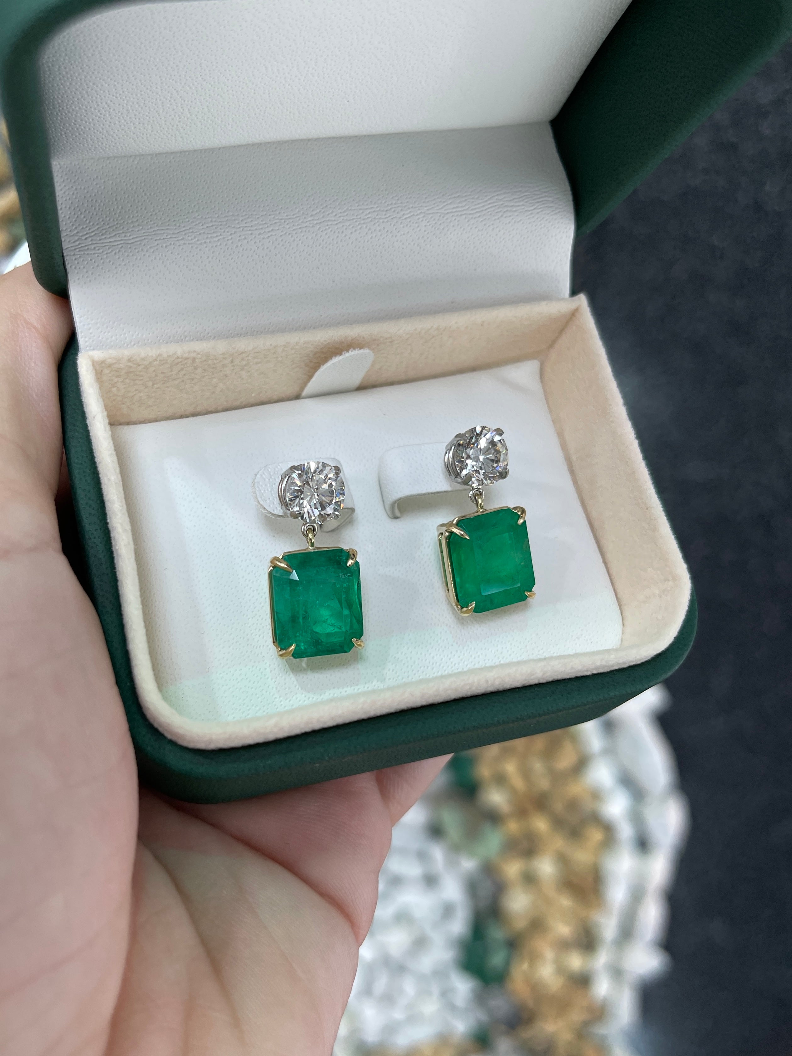 17.72tcw AAA+ Natural Emerald & Diamond Dangle Earrings in 18K Gold/Platinum - Luxury Wedding Jewelry & Evening Party Accessories