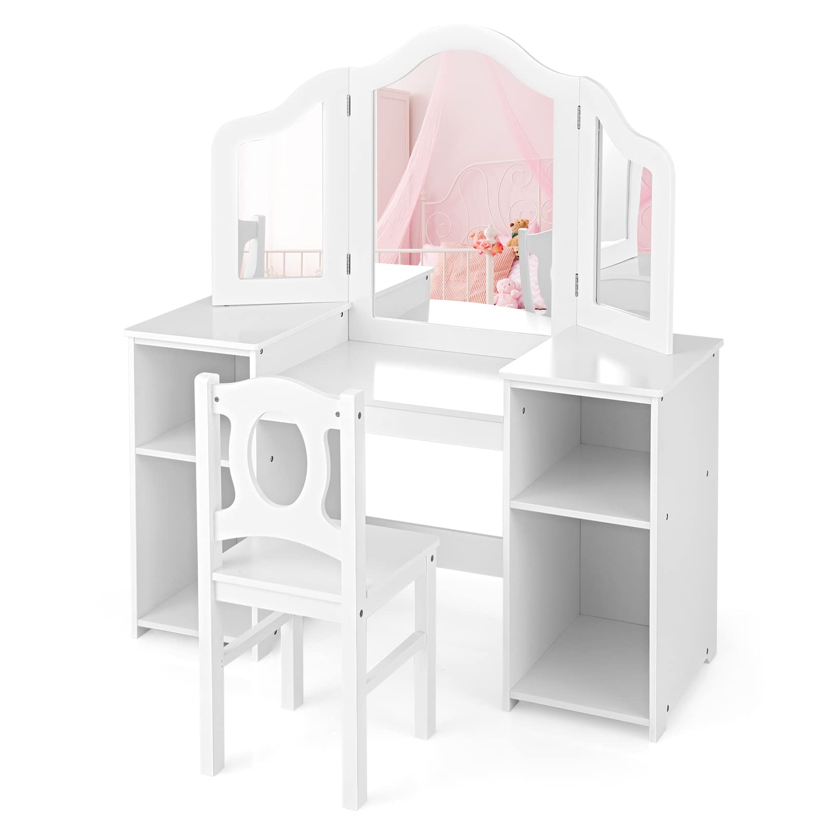INFANS Kids Vanity Set - 2-in-1 Princess Makeup Desk & Chair with Tri-Folding Mirror, Large Storage Shelves, Wooden Pretend Play Dressing Table for Girls - Perfect for Birthday Gifts & Bedroom Decor