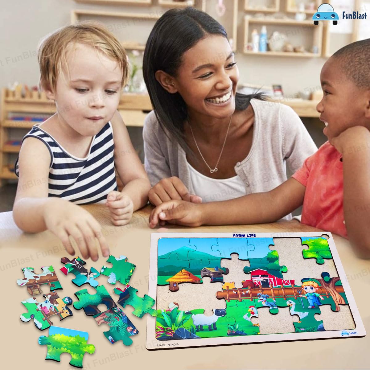 FunBlast 24-Piece Farm Life Wooden Jigsaw Puzzle for Kids Ages 3-5 - Educational Learning Toys for Toddlers, Floor & Tabletop Puzzle Games for Preschool Classroom or Home Playtime