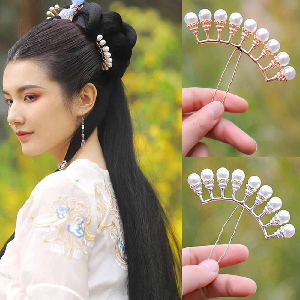 Vintage Chinese Hanfu Hair Sticks - Elegant Alloy Bridal Hair Forks with Pearl Rows, Gold 9-Row & White | Perfect for Weddings, Cosplay, and Traditional Chinese Costume Styling