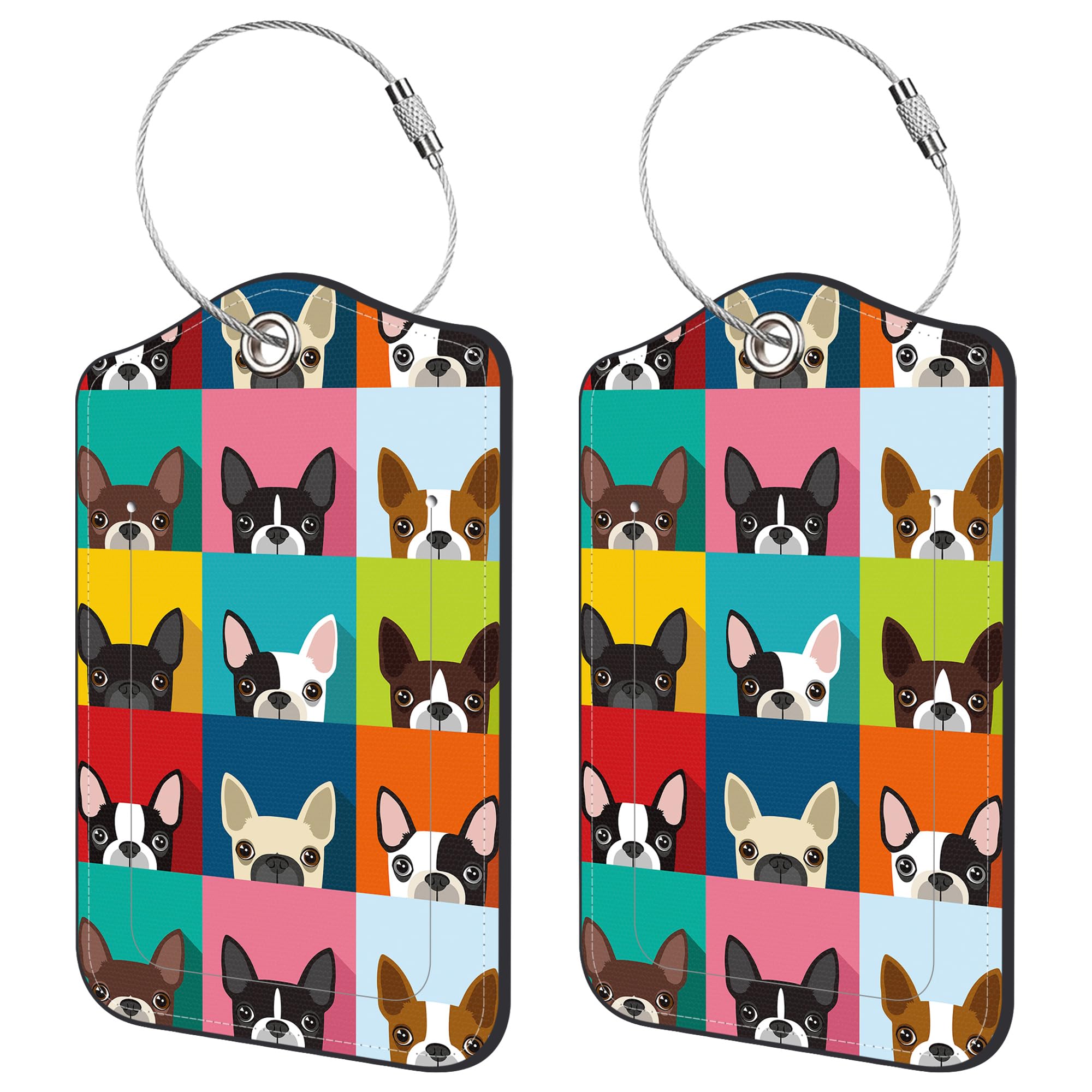 2 Pack Boston Terrier PU Leather Luggage Tags with Privacy Cover & Metal Ring - Durable Suitcase Name Tags for Men & Women Travel Accessories - Perfect for Airplane, Cruise & Vacation Identification