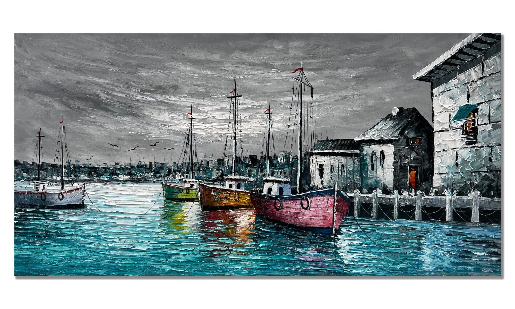Zoinart 48x24 Inches Hand Painted Large Abstract Canvas Wall Art - Contemporary Texture Wharf Landscape Painting for Living Room & Bedroom Decor - Ready to Hang Wall Art for Modern Home & Office Spaces