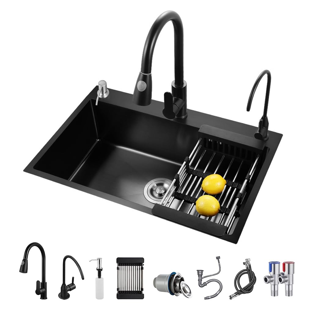 Premium Black Stainless Steel Single Bowl Kitchen Sink - 21.7