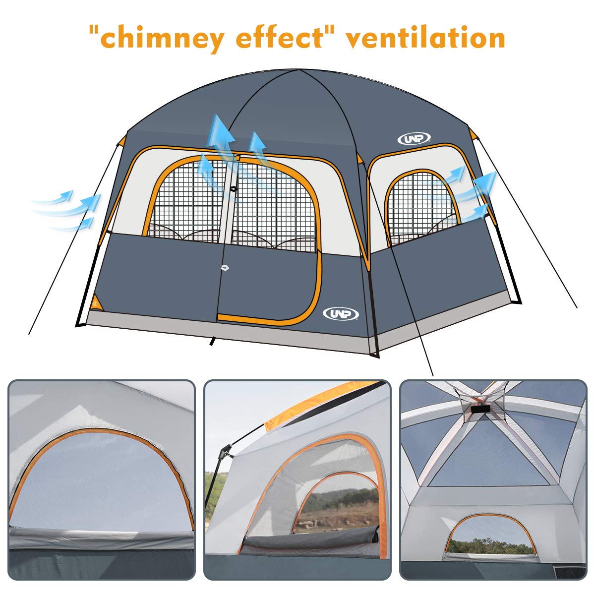 UNP 6-Person Waterproof Windproof Family Camping Tent - Easy Setup Double Layer Design with 1 Mesh Door & 5 Large Windows (10'x9'x78