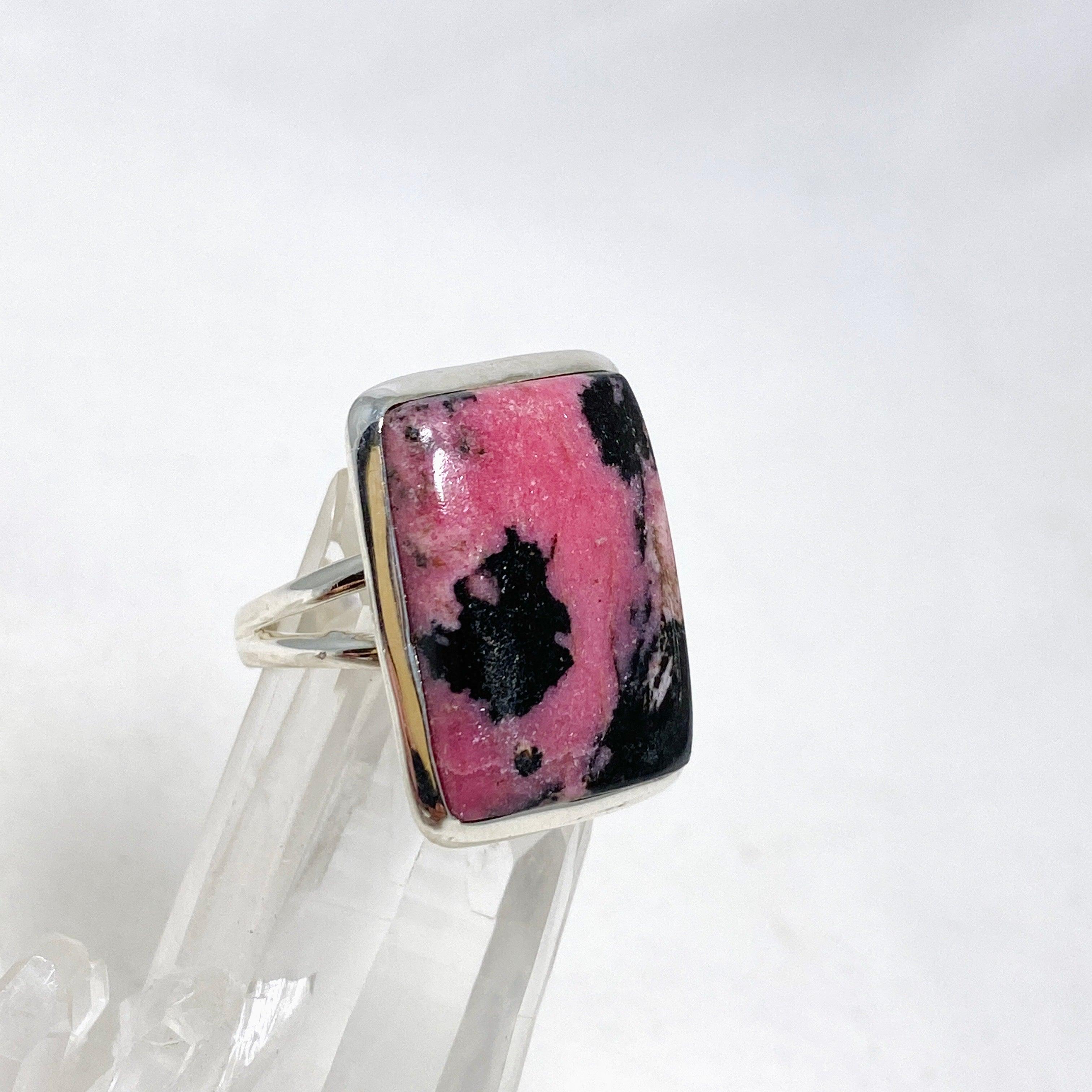 Rhodonite Rectangle Split Band Ring for Women - Size 6 Sterling Silver Healing Stone Jewelry KRGJ3211 | Gift for Her, Meditation, Energy Balancing