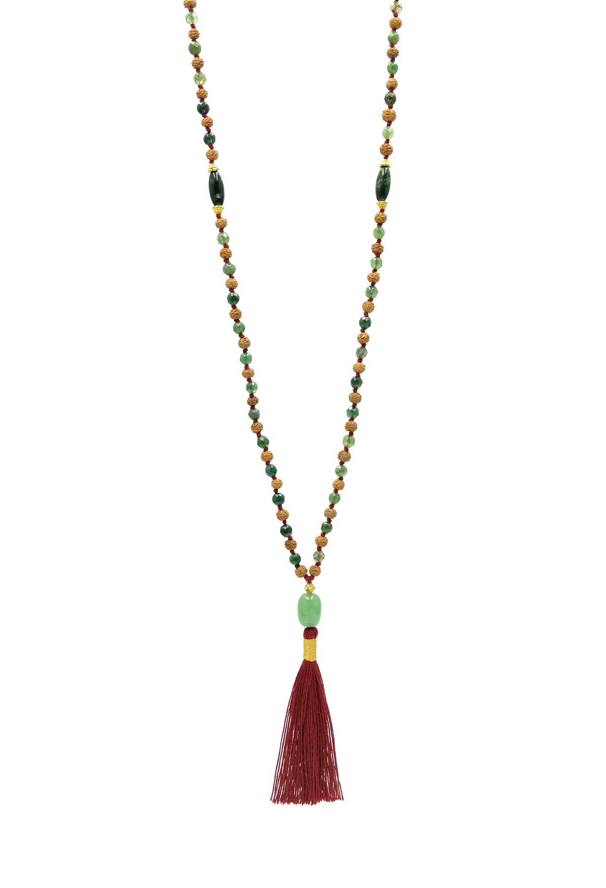 216 Rudraksha Prayer Beads with 22K Gold Plated Silver Caps - Moss Agate Crystal & Turquoise Heart Pendant for Meditation, Yoga & Spiritual Healing | Perfect Hindu Buddhist Mala Necklace