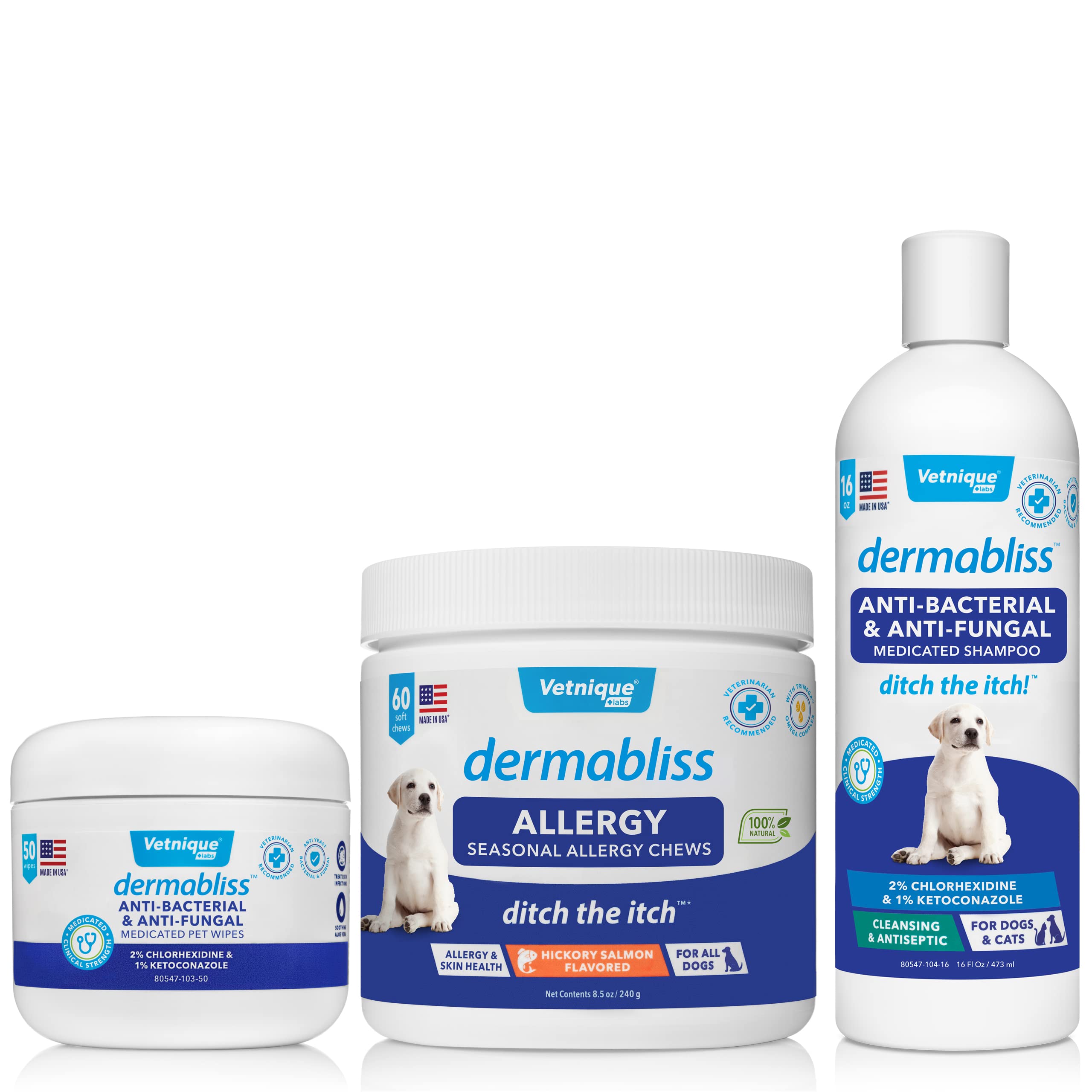 Dermabliss Allergy Relief Bundle for Dogs - 60ct Allergy Chews, Medicated Shampoo & Wipes | Itchy Skin, Hot Spots & Seasonal Allergies Treatment | At-Home Pet Care Solution