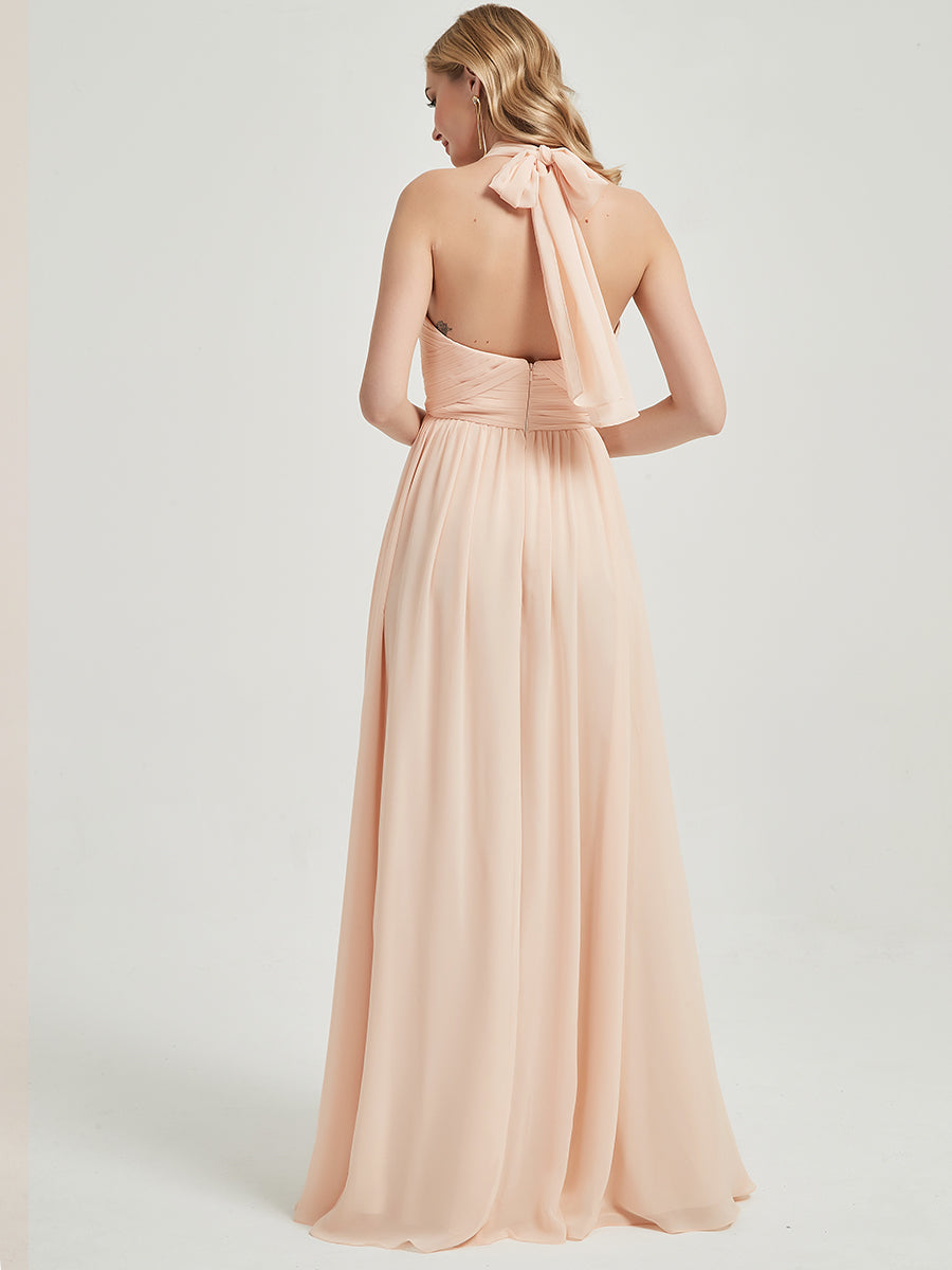 Elegant Convertible Halter Off-Shoulder Chiffon Bridesmaid Dress Maxi - Perfect for Weddings, Prom, and Formal Events
