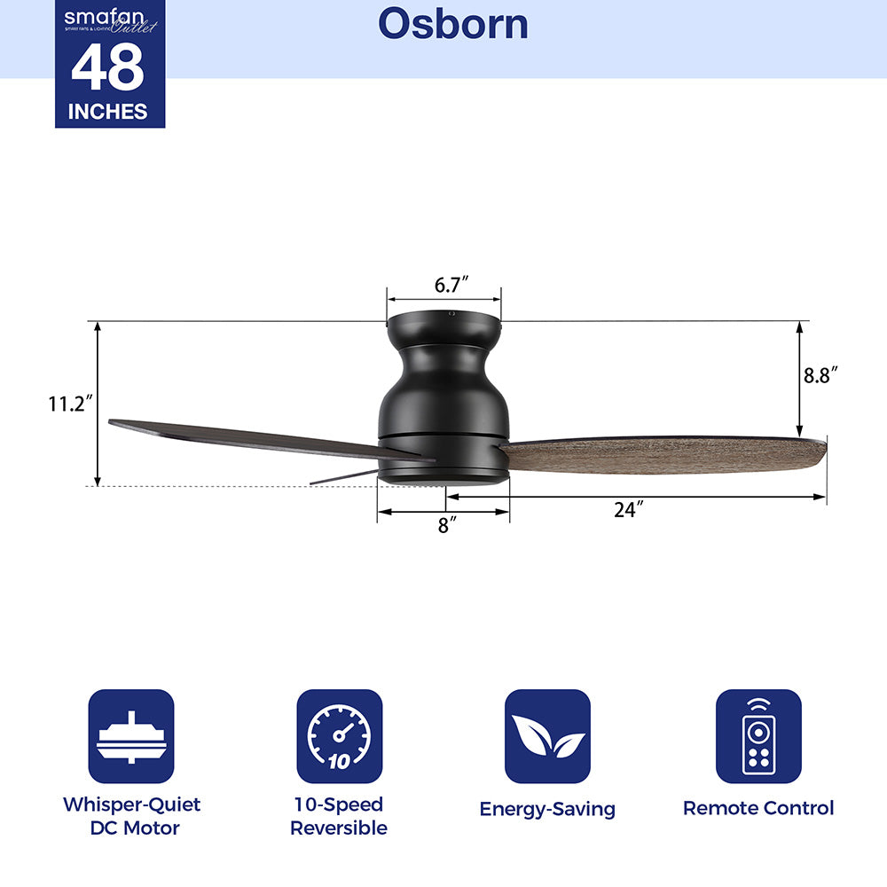 48 Inch Osborn Low Profile Modern Ceiling Fan with Remote Control - Perfect for Bedroom, Living Room, and Office Spaces (No LED)