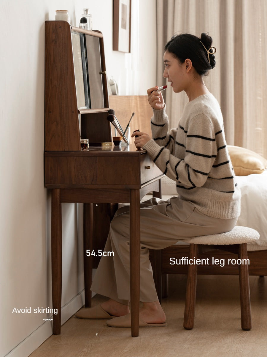 Solid Black Walnut Wood Mirror Dressing Table with Storage | Makeup Vanity Desk for Bedroom | Elegant Bedroom Furniture & Cosmetics Organizer