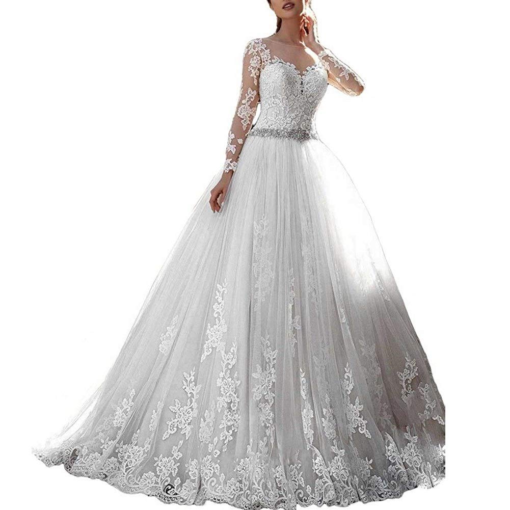 Elegant Vintage Lace Applique Wedding Dress with Long Sleeves & Beaded Details - Romantic A-line Bridal Gown for Church Ceremony & Beach Weddings