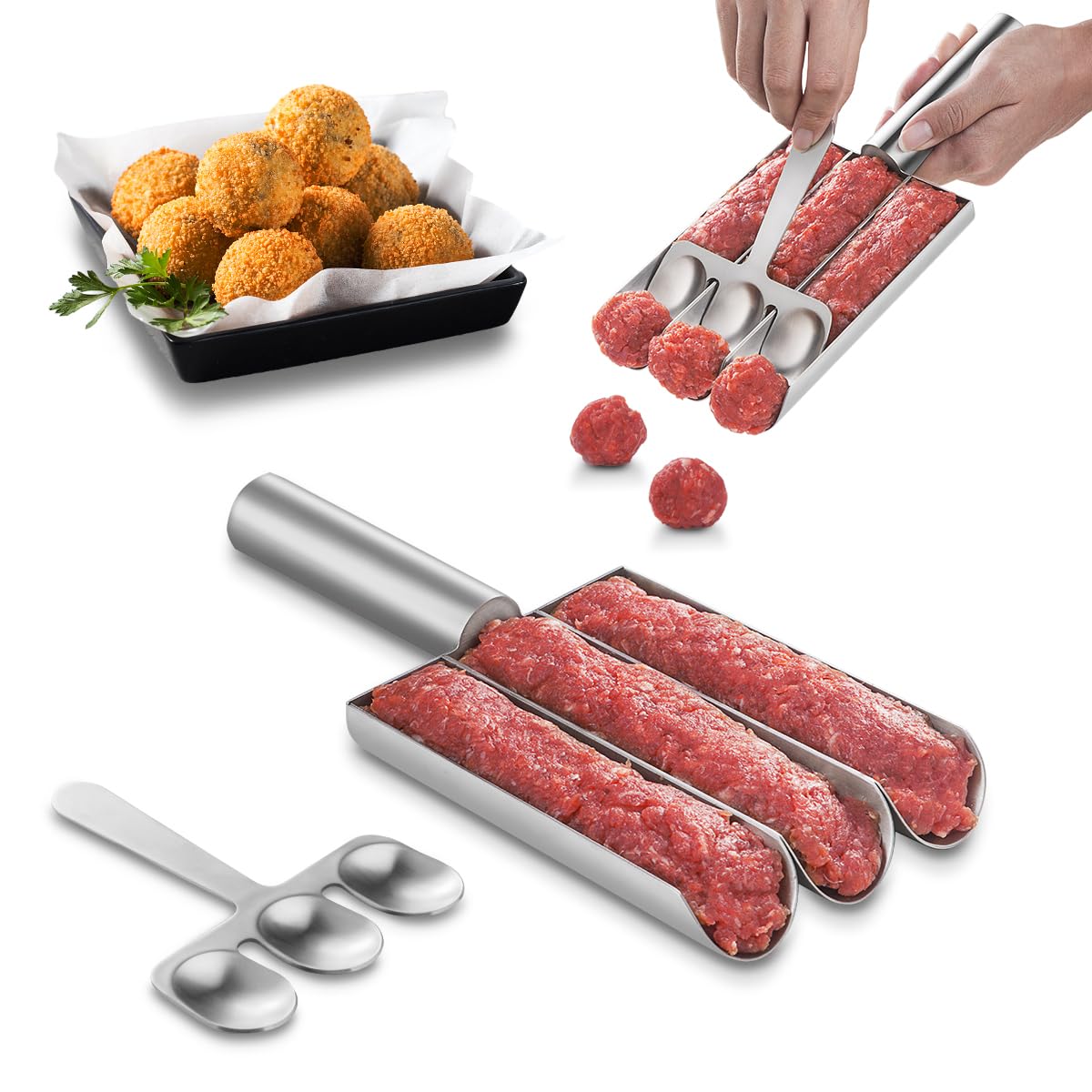 Premium 304 Stainless Steel Triple Meatball Maker Tool - Non-Stick Meatball Scoop & Baller for Easy Cooking - Perfect for Homemade Italian Meatballs, Meal Prep & Family Dinners