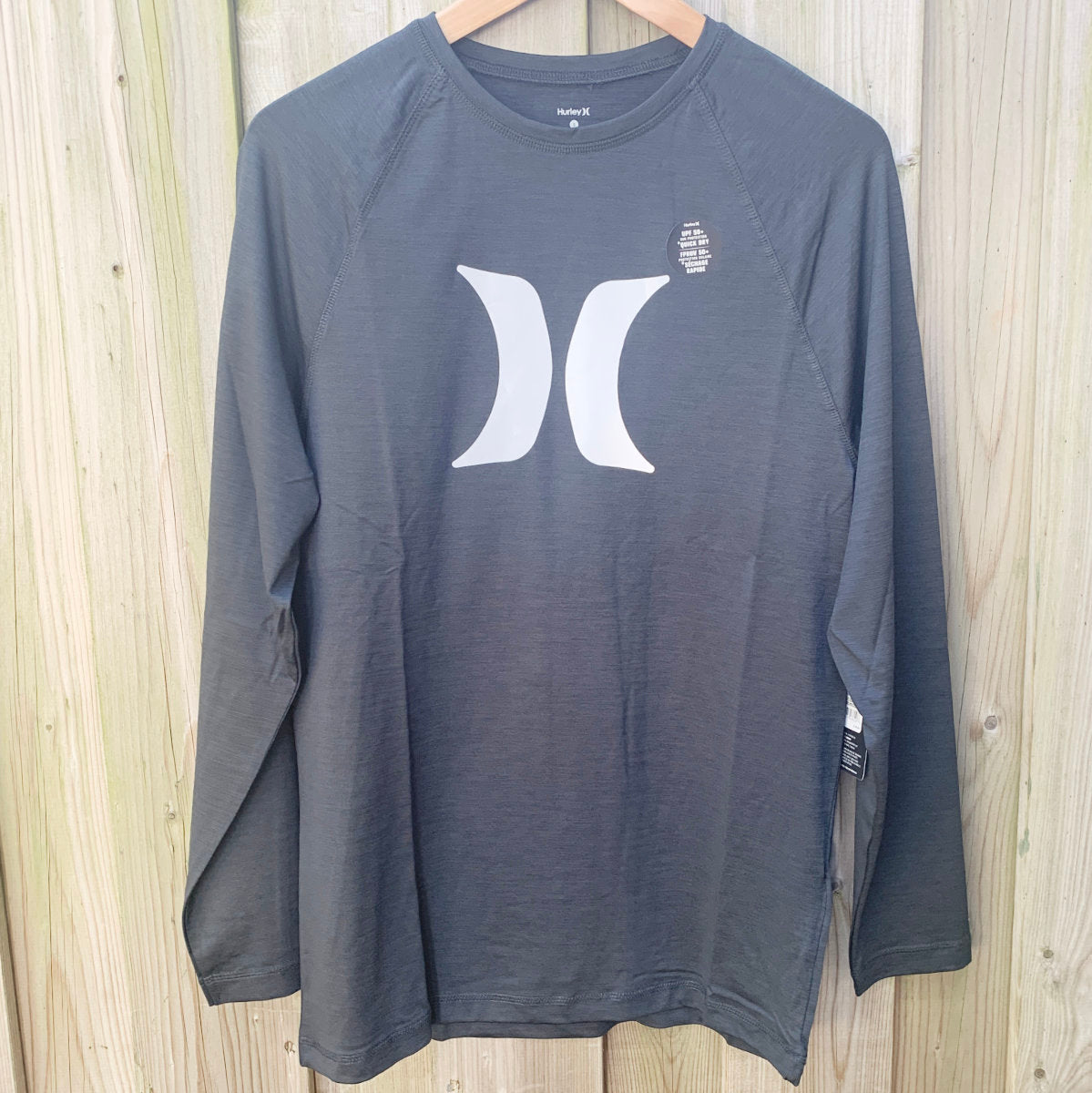Men's Long Sleeve Rash Guard Shirt - Hurley Black Heather UPF 50+ Sun Protection for Surfing, Swimming & Outdoor Activities