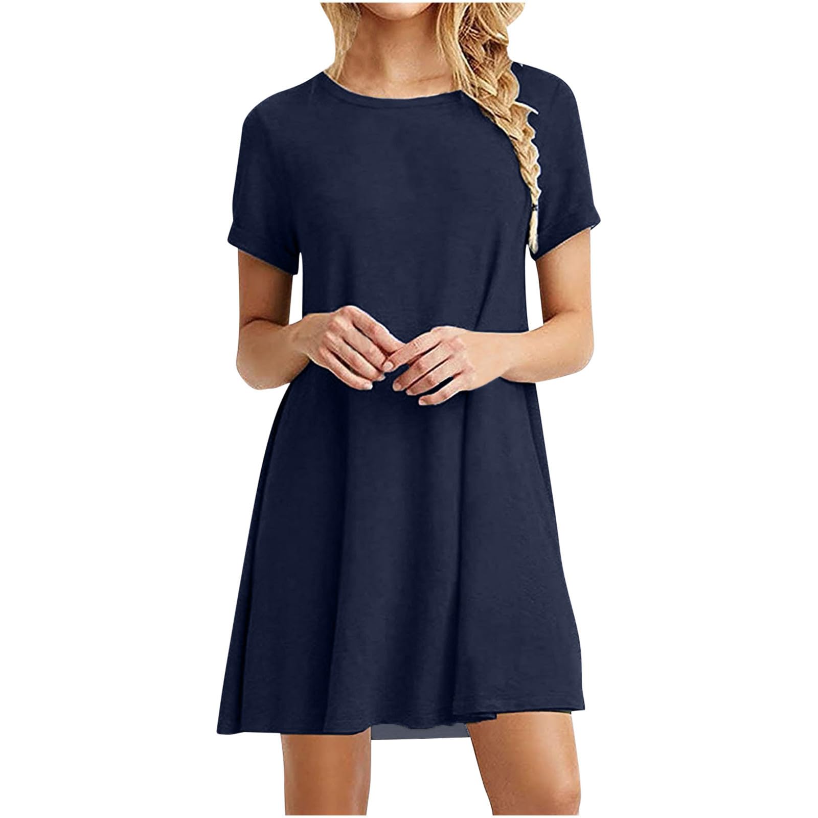 Women's Summer Casual Mini Dress - Short Sleeve Solid A-Line Sundress with Crew Neck | Perfect for Graduation, Beach Outings & Summer Parties