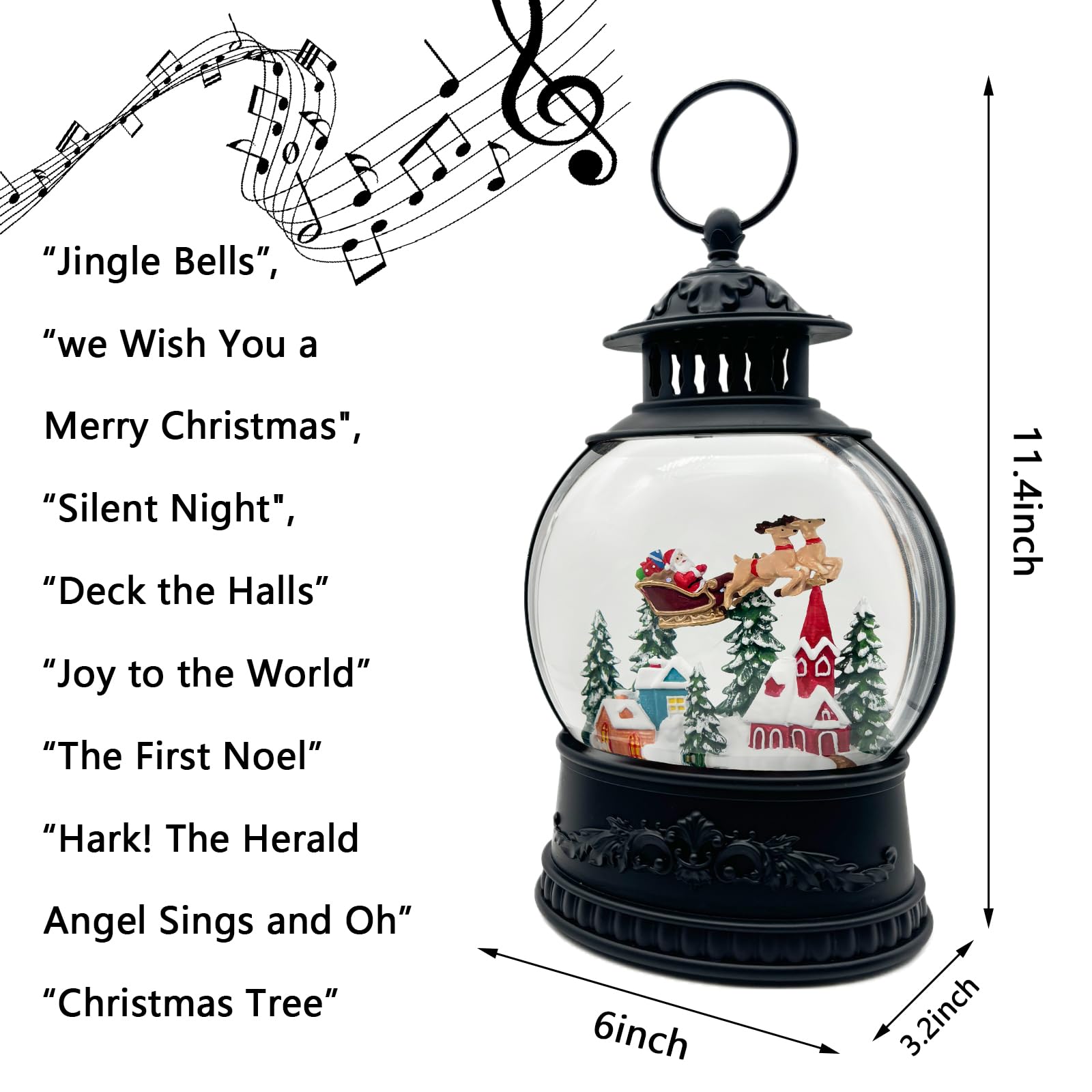Christmas Snow Globe Lantern with Music & Timer - USB/Battery Powered LED Glittering Globe Decor for Home, Office, Holiday Party | Perfect for Christmas Tree, Mantel, Tabletop & Gift Giving (Reindeer Design)