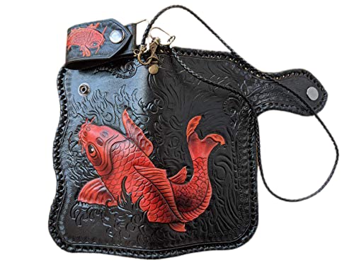 Handmade 3D Genuine Leather Men's Wallet - Custom Engraved Biker Wallet with Lucky Koi Design | Personalized Long Leather Wallet for Men | Perfect Gift for Father's Day, Birthday & Travel