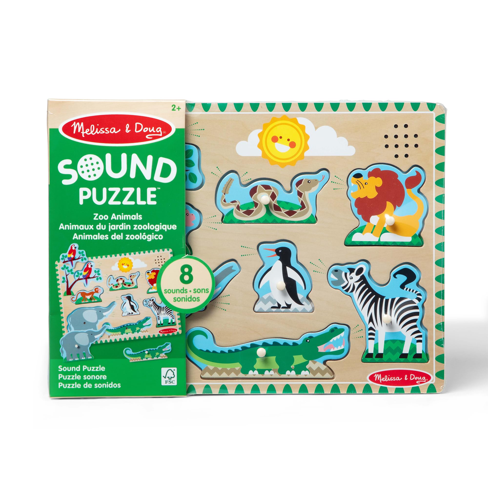 Melissa & Doug Zoo Animals Sound Puzzle - Wooden Peg Puzzle with Sound Effects (8 Pieces) - Educational Toddler Toy for Learning Animal Names & Sounds | Perfect for Preschool Classroom, Daycare & Home Playtime