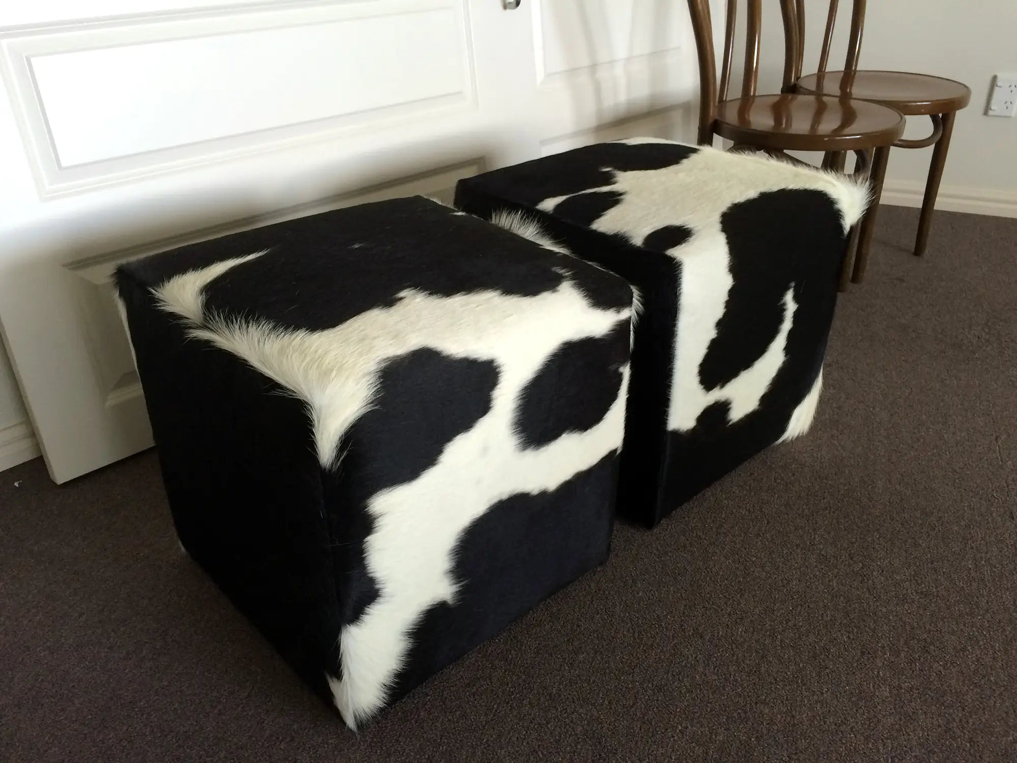 Premium Cowhide Cube Ottoman with Invisible Button Glides - 46x46x46cm (#9 & #10) - Modern Living Room Footrest, Stylish Home Decor, Comfortable Seating for Small Spaces