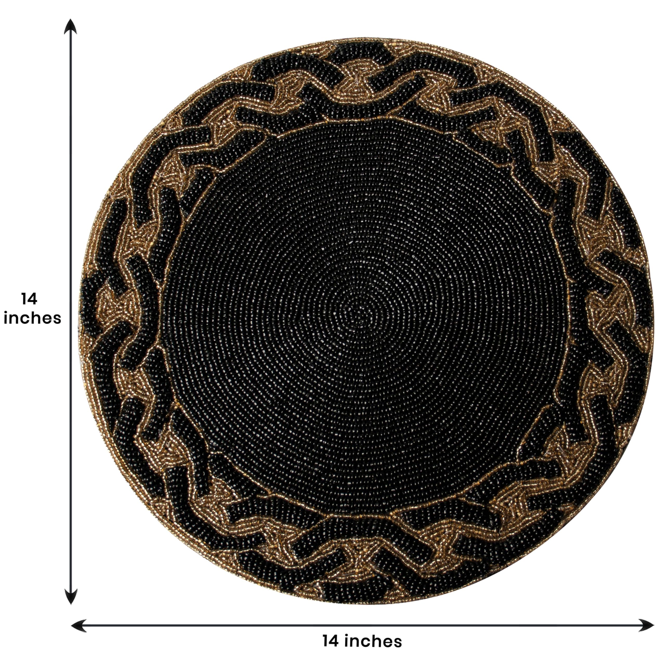 Decozen 14-Inch Round Beaded Placemats Set of 2 - Heat Resistant Charger Plates for Dining Table Decor, Valentine's Day, Weddings, Kitchen & Office - Black Gold Home Decor for Elegant Dinner Parties & Holiday Gatherings