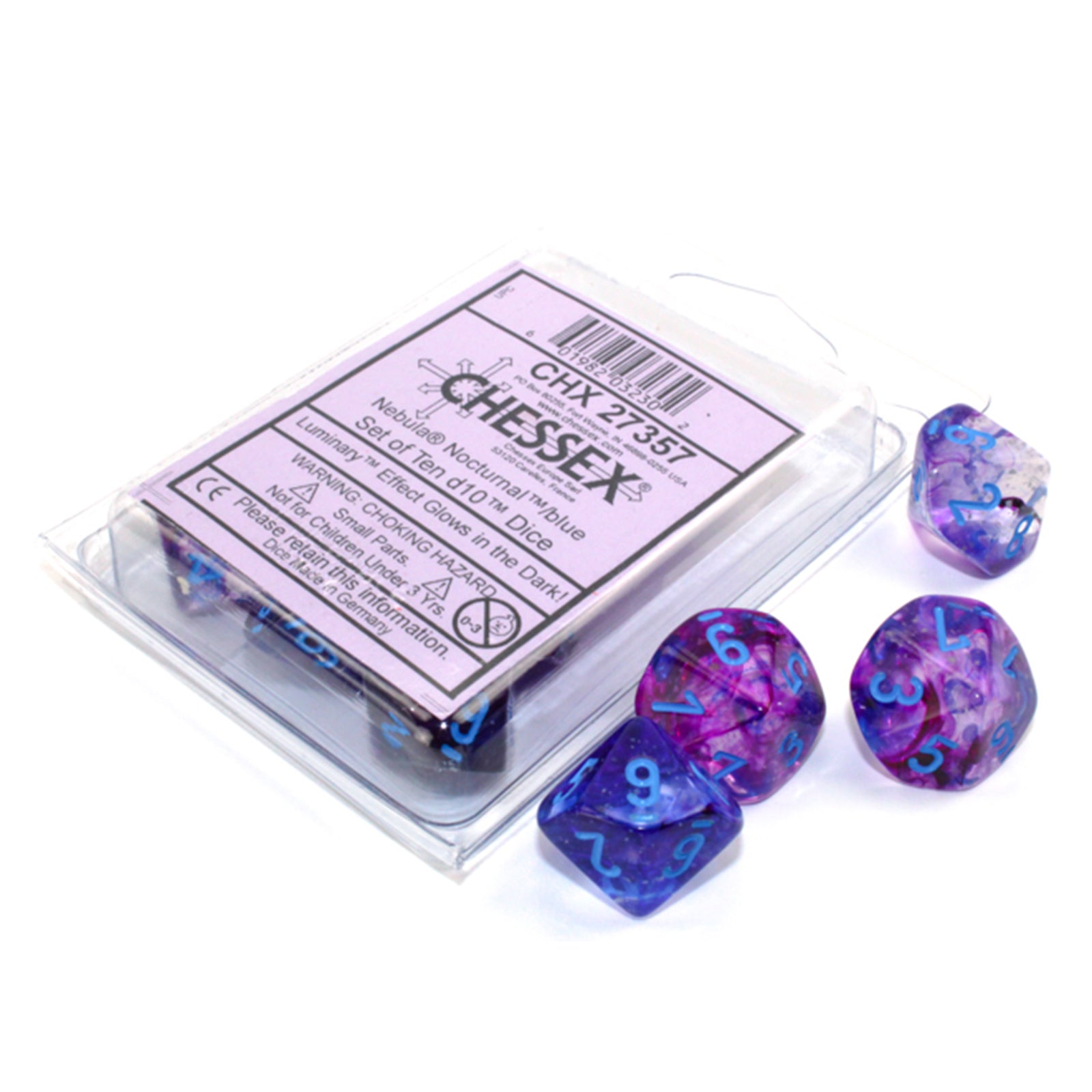 Chessex 10-Piece D10 Polyhedral Dice Set - Nebula Nocturnal Blue Luminary (CHX27357) for Tabletop RPG Games, Dungeons & Dragons, and Board Gaming Accessories