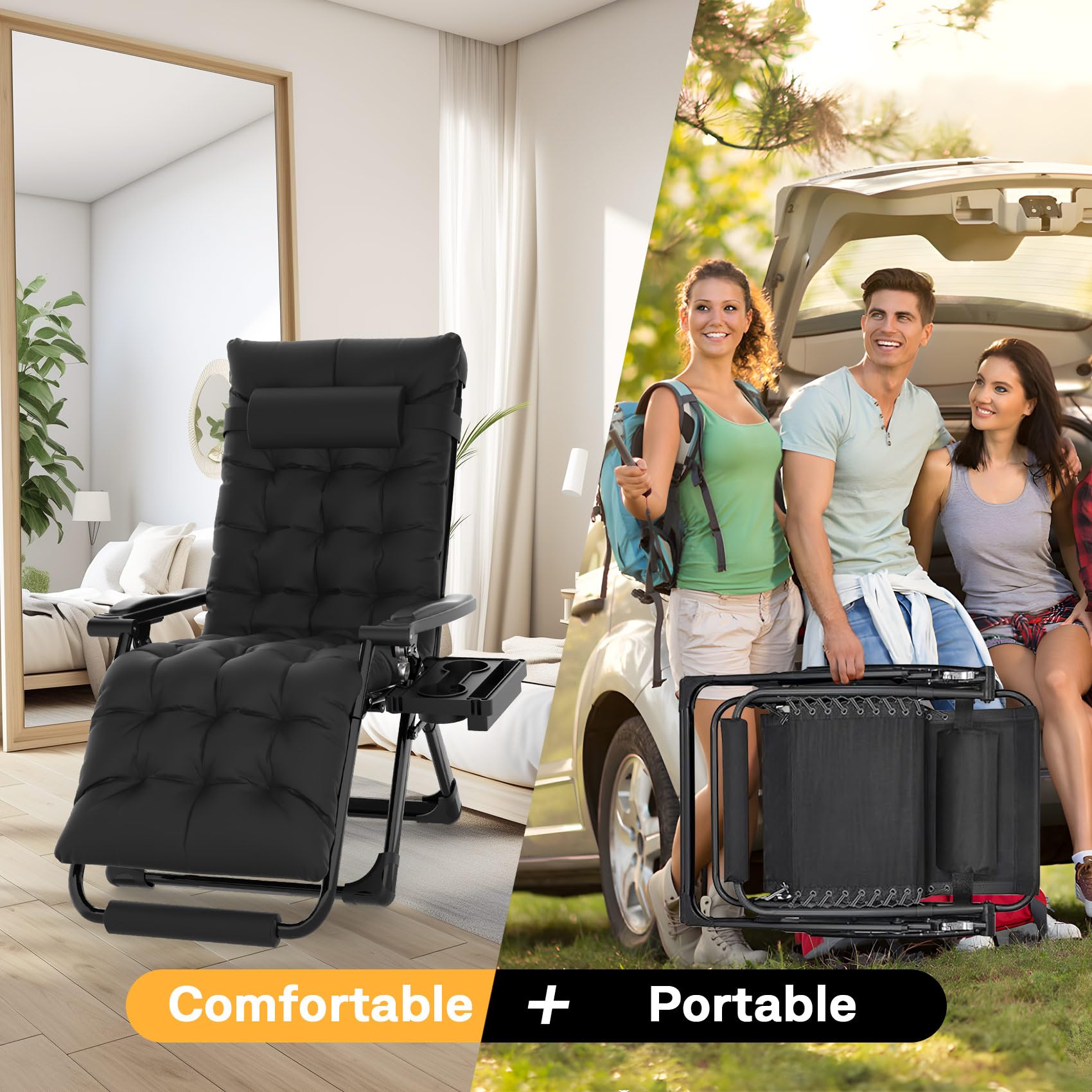 Premium Oversized Zero Gravity Lounge Chair XL - Heavy Duty 440lbs Capacity, Padded Recliner with Aluminum Alloy Lock, Adjustable Headrest & Cup Holder - Perfect for Patio, Poolside, Backyard, Camping & Outdoor Relaxation (Black)