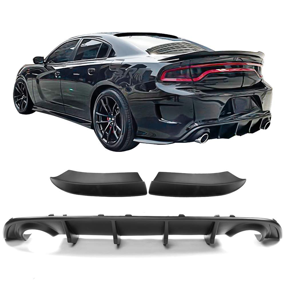 IKON MOTORSPORTS Matte Black Rear Diffuser & Side Skirts for 2015-2023 Dodge Charger - Aerodynamic Bumper Lip Valance | Street Racing & Car Show Enhancement