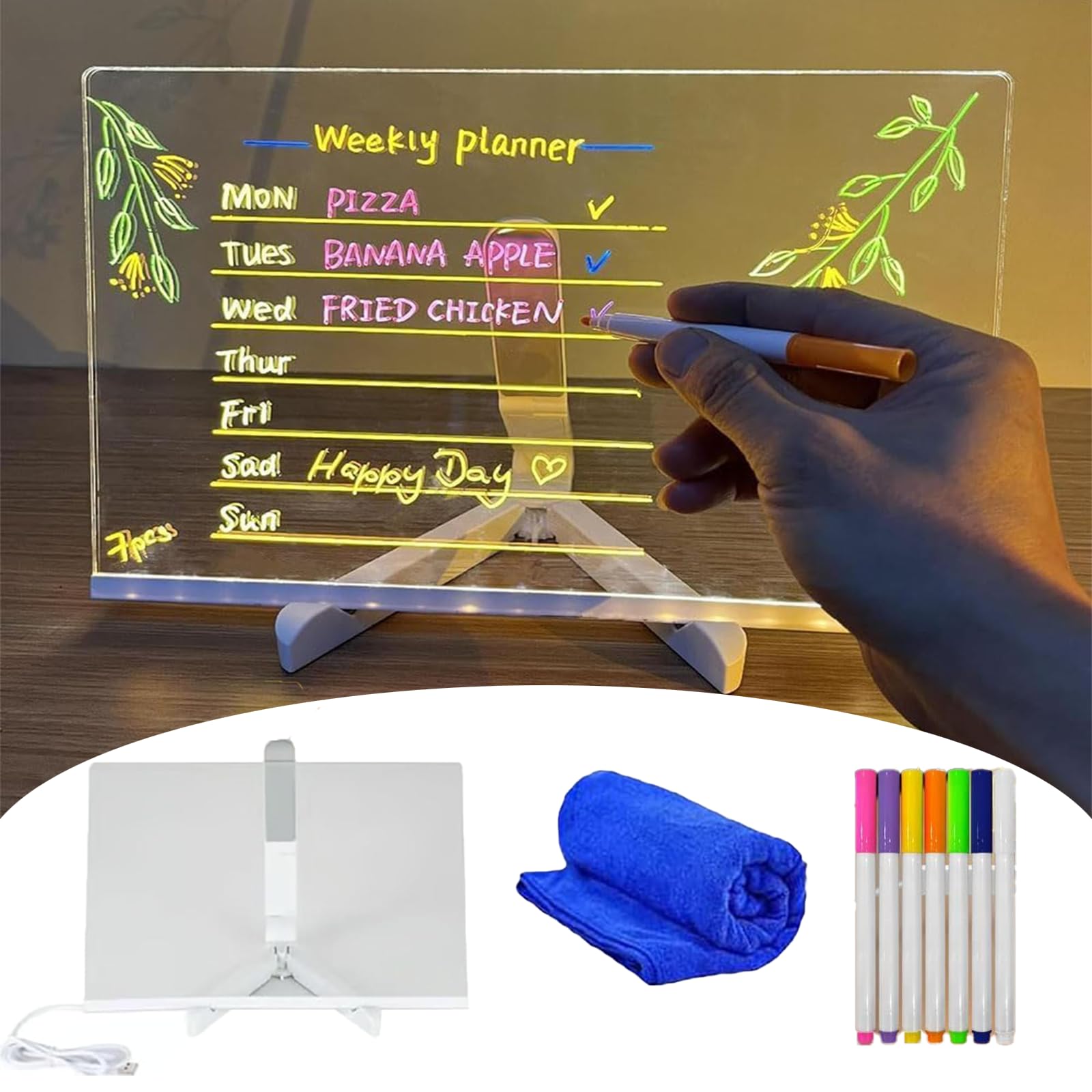 LED Acrylic Dry Erase Message Board with Color Changing Lights - 11.81 x 7.87 Inch Rewritable Note Board for Home, Office & Classroom Organization