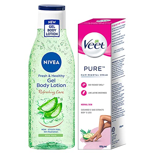 NIVEA Aloe Vera Gel Body Lotion - 24H Hydration, Non-Sticky & Fast Absorbing Moisturizer for Fresh & Healthy Skin (200ml) + Veet Silk & Fresh Hair Removal Cream for Normal Skin (100g) | Perfect for Post-Shower Hydration & Smooth Hair-Free Skin