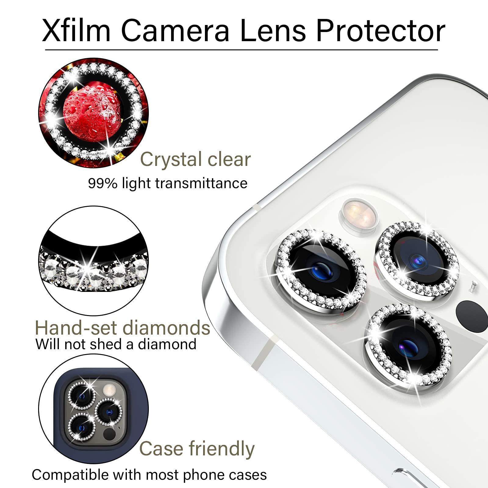 Xfilm iPhone 12 Pro Max Camera Lens Protector - 9H Hardness Scratchproof Cover with Bling Diamond Ring | Stylish Case-Friendly Phone Accessories | Perfect for Travel, Parties & Everyday Protection (Compatible with iPhone 12 Pro Max)