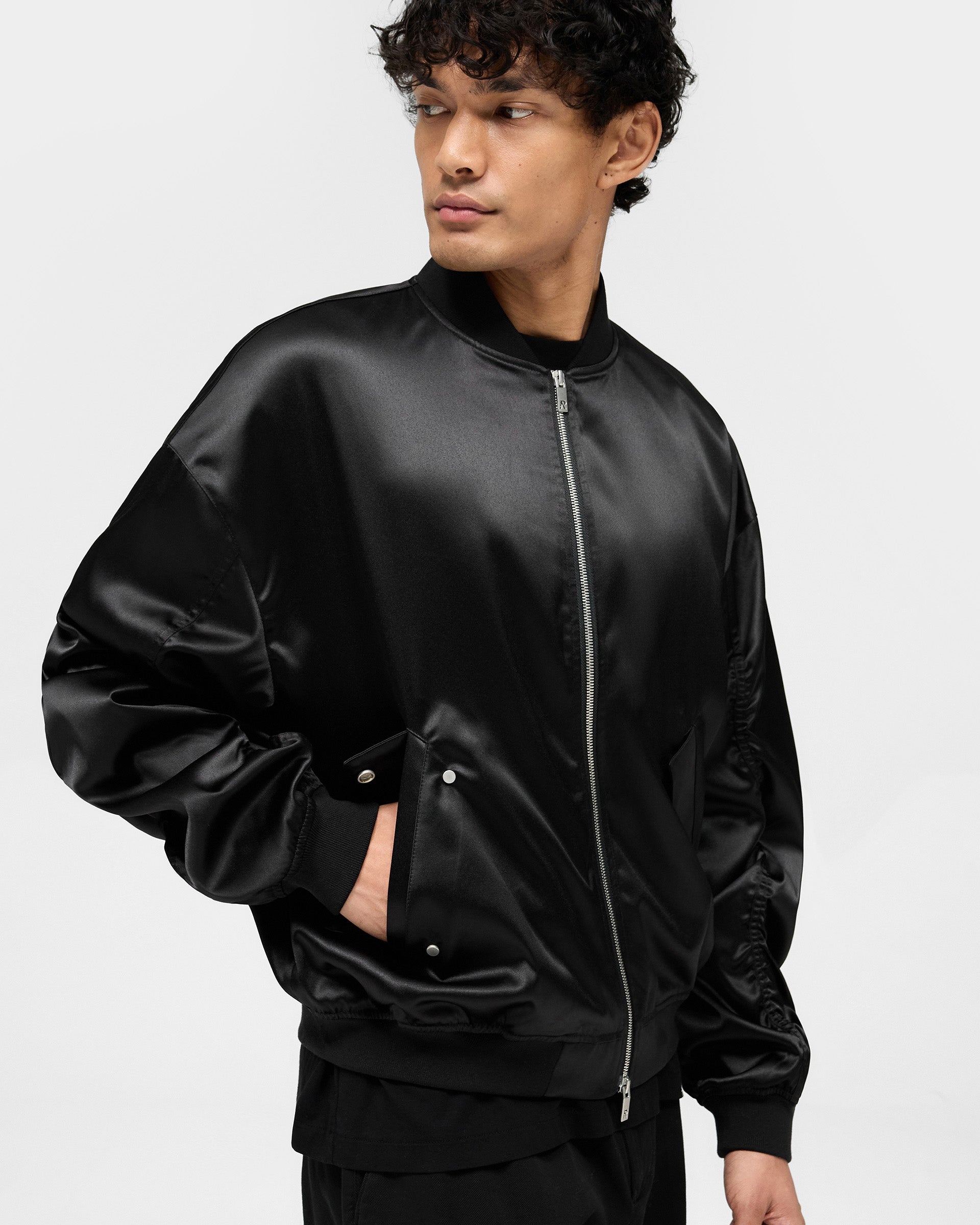 Black Satin Bomber Jacket for Men & Women - Lightweight Stylish Outerwear for Casual Wear & Night Out