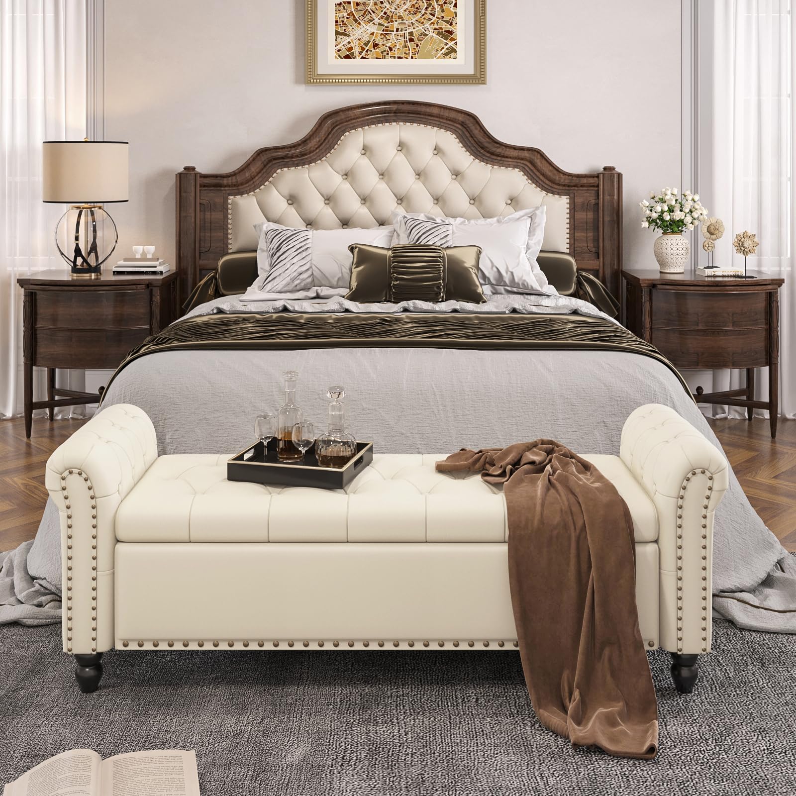 65 Inch Upholstered Storage Bench for Bedroom - Faux Leather Tufted Button End of Bed Bench with Nailhead Trim & Rolled Arms, Cream White - Perfect for Bedroom Seating, Window Seat & Extra Storage