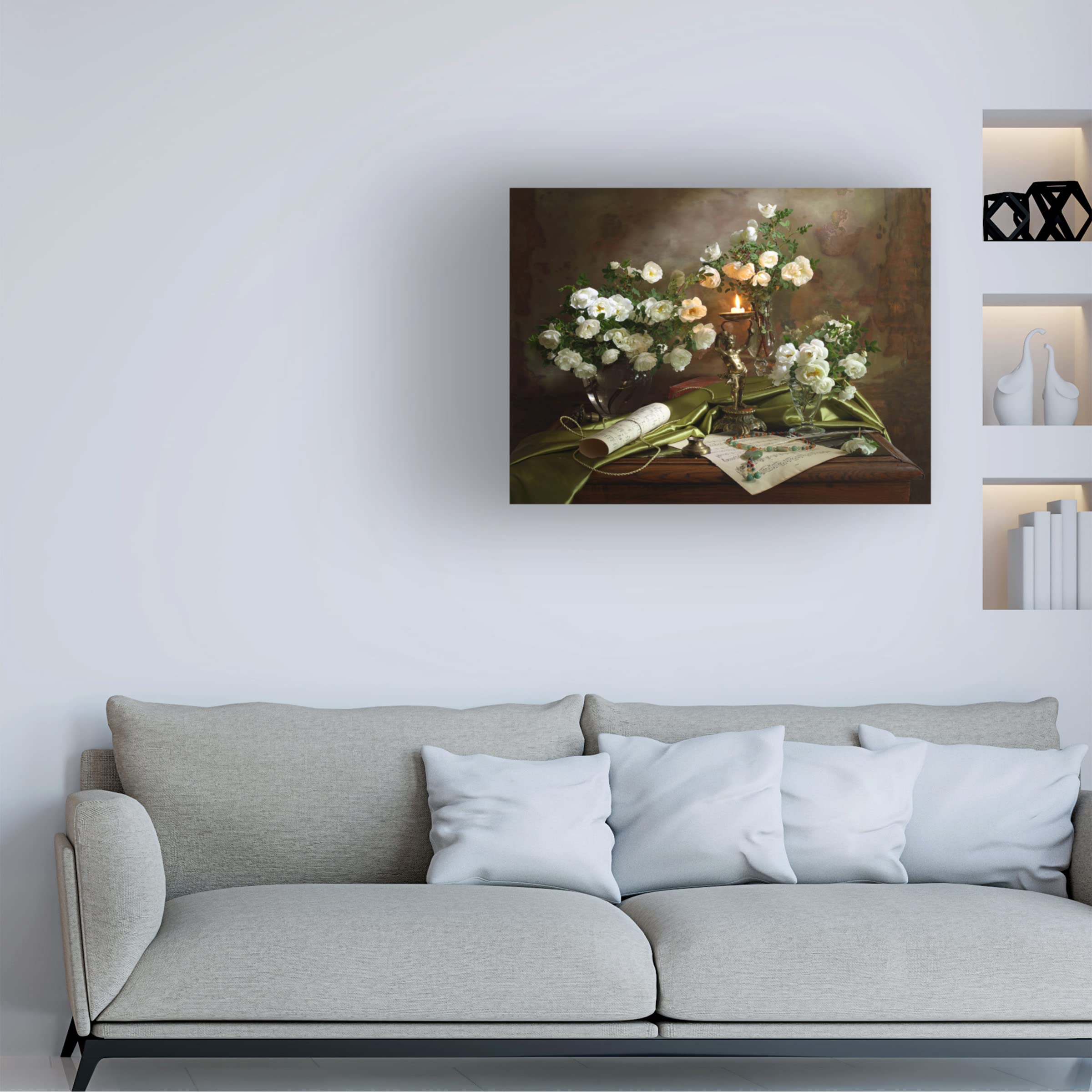 Trademark Fine Art 'Still Life With Roses And Candle' Canvas Wall Art Print by Andrey Morozov - Elegant Floral Oil Painting Reproduction for Living Room, Bedroom & Office Decor