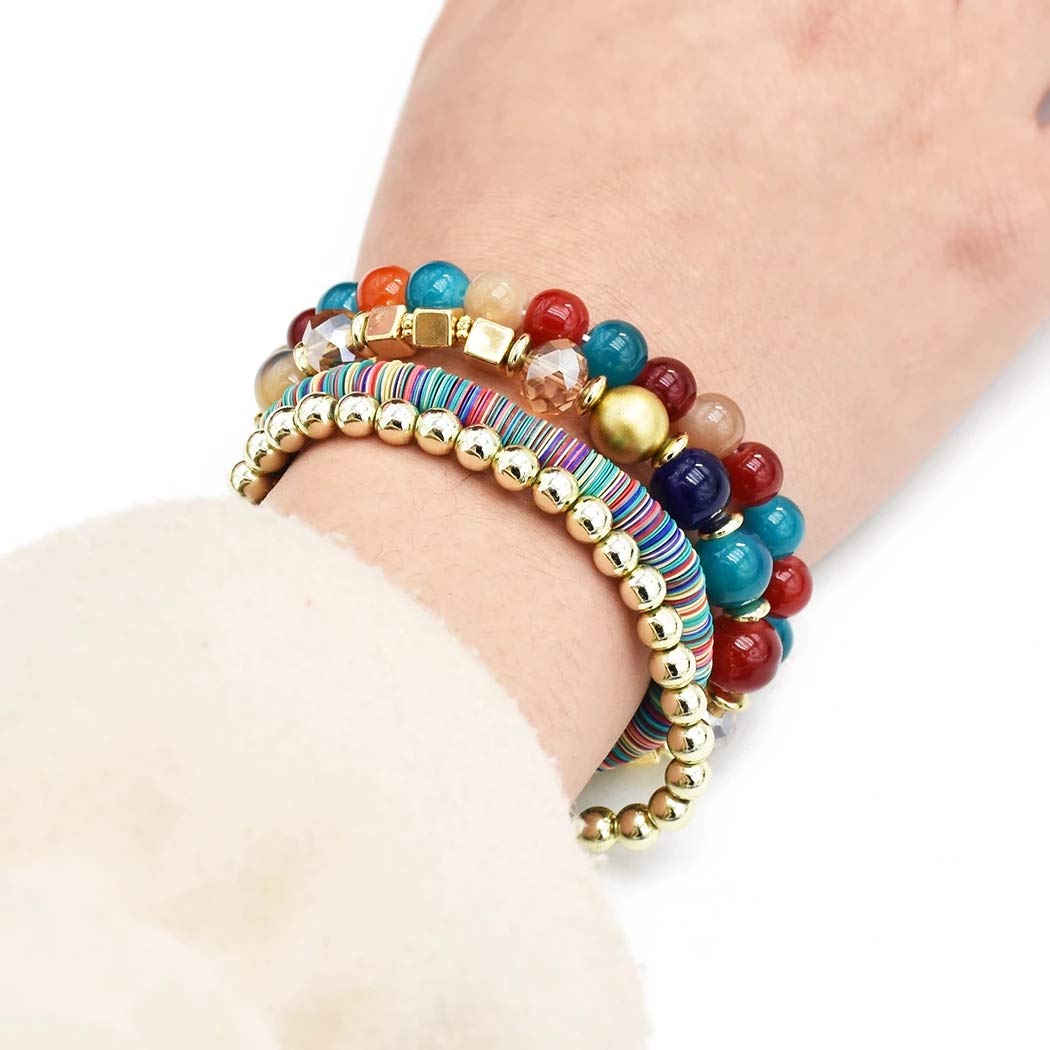 Boho Bracelets for Women - 5 Sets Multilayer Stackable Crystal Beaded Stretch Bracelets, Sparkly Beaded Jewelry Set for Casual Wear, Parties & Gift Giving